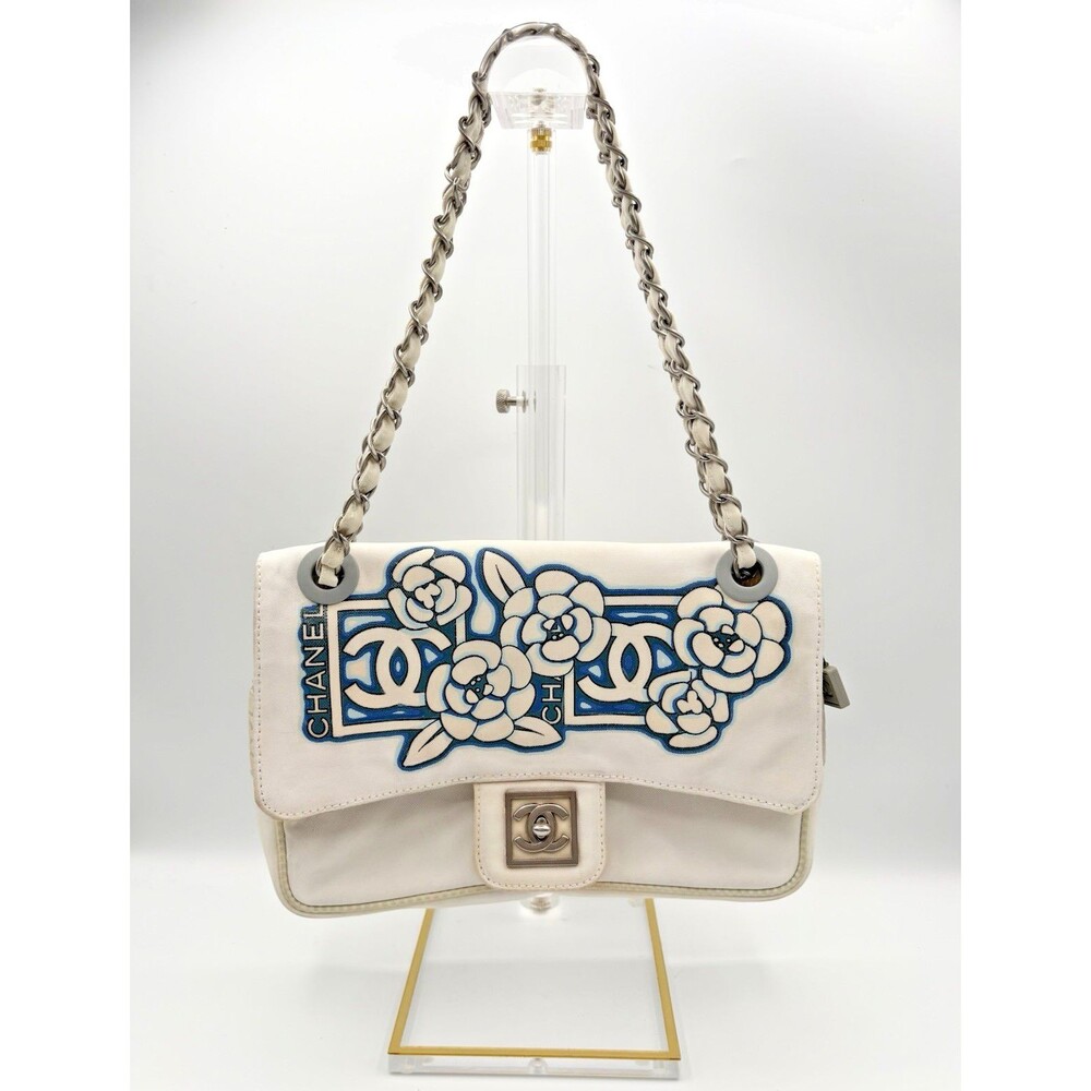 Chanel White & Blue Floral Print Nylon Canvas Sport CC Flap Bag Vintage Y2K